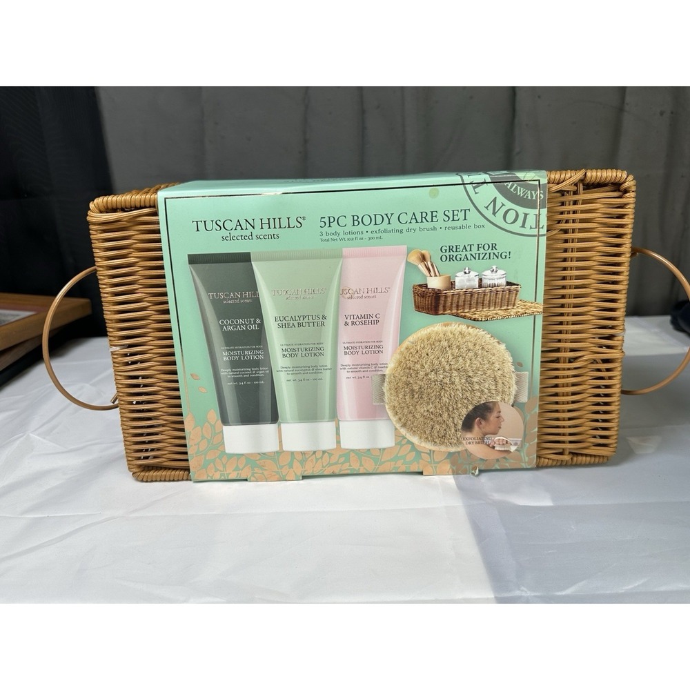 Tuscan Hills 5 pc Body Care Set with Exfoliating Brush & Storage‎ Basket New